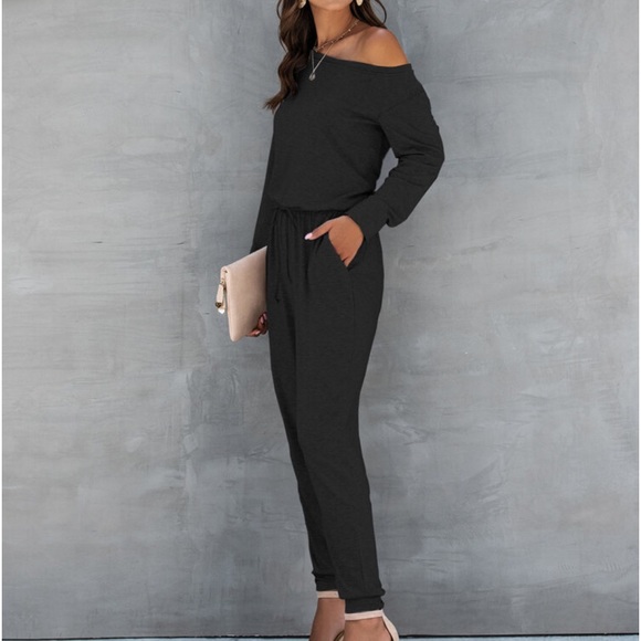 Classic Elegant Asymmetrical Neck Long Sleeve Knot Tie Waist Tee Jumpsuit - Picture 4 of 11